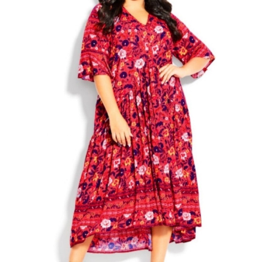 Loralette Red Floral Boho Tiered Maxi Dress Plus Size 26/28 V-Neck Viscose